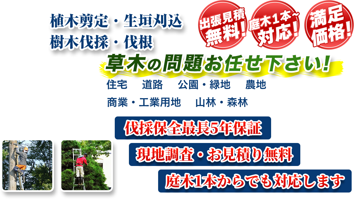 新潟市エリア即対応!! 出張無料! 庭木1本~対応! 満足価格! 植木剪定・生垣刈込 樹木伐採・伐根 草木の問題お任せ下さい! 住宅 道路 公園・緑地 農地 商業・工業用他 山林・森林 伐採保全最長5年保証 現地調査・お見積り無料 庭木1本からでも対応します